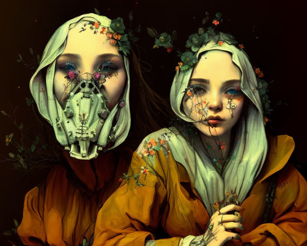 Two women wearing floral masks and green headscarves on dark background