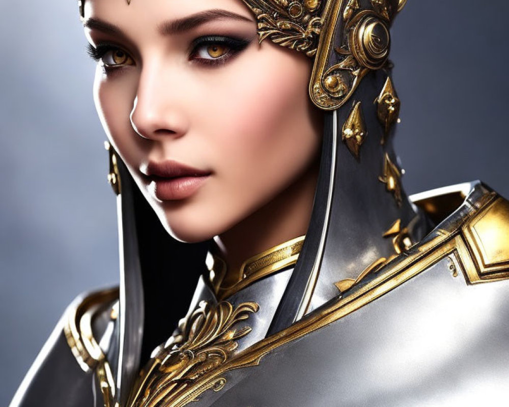 Detailed Close-Up of Person in Ornate Golden Armor and Helmet