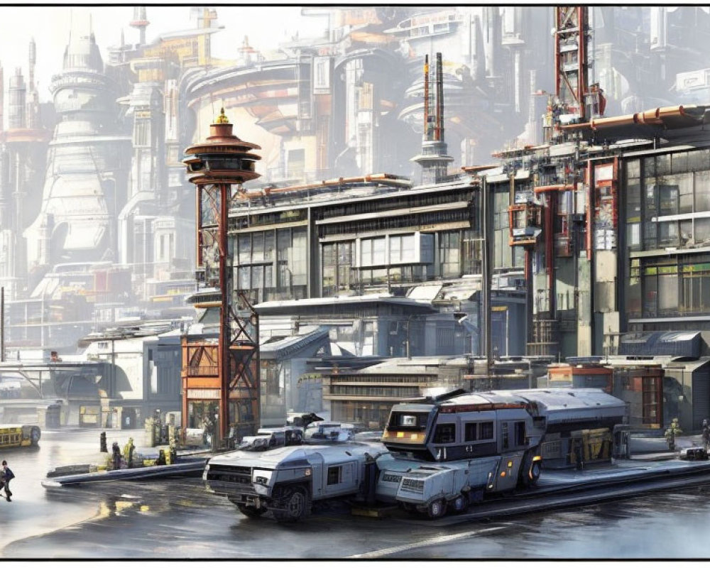 Industrial futuristic cityscape with tower, buses, and large vehicles on a hazy day