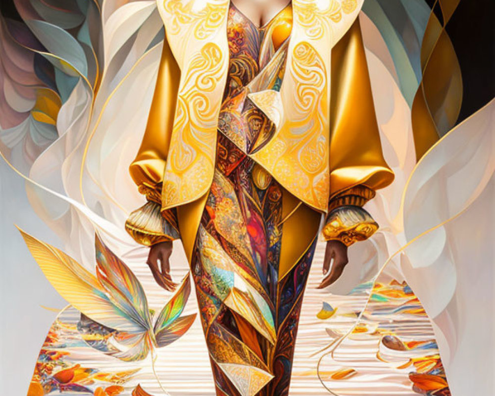 Vibrant woman illustration in yellow-gold jacket and patterned dress