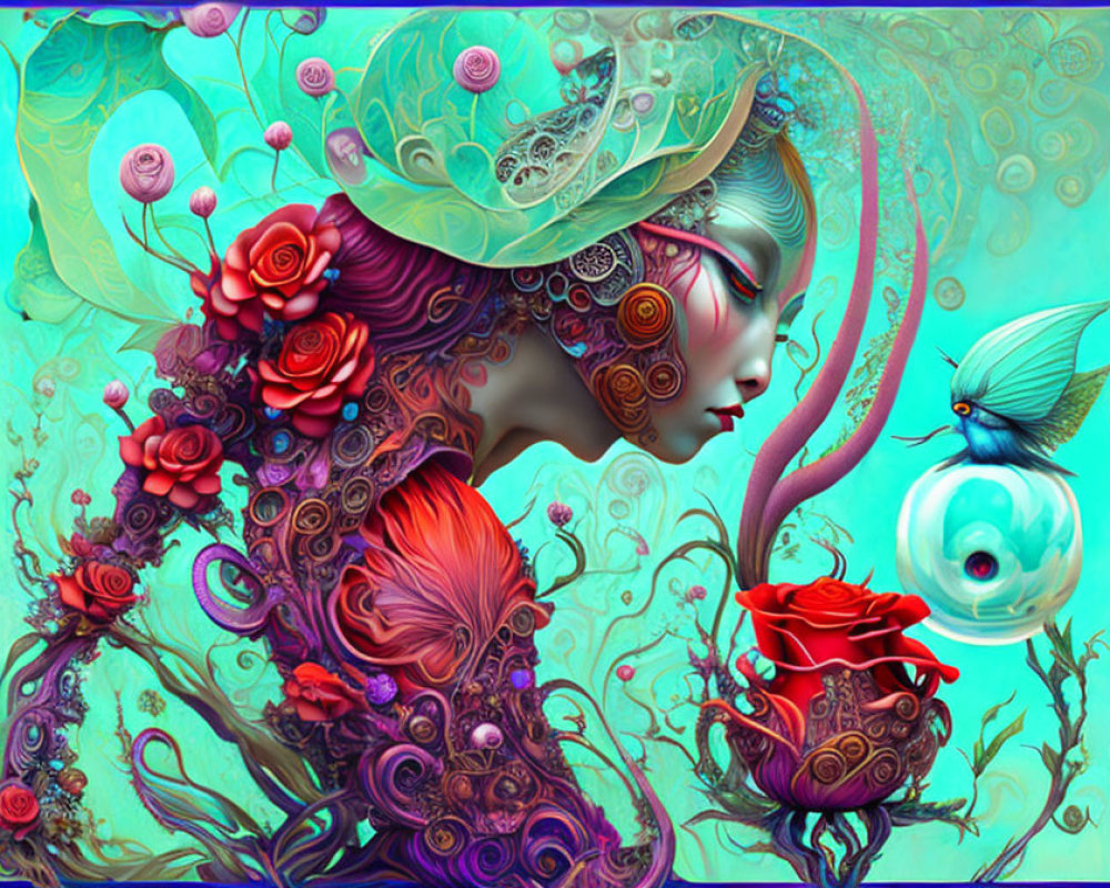 Colorful surreal artwork: woman merging with florals and whimsical atmosphere