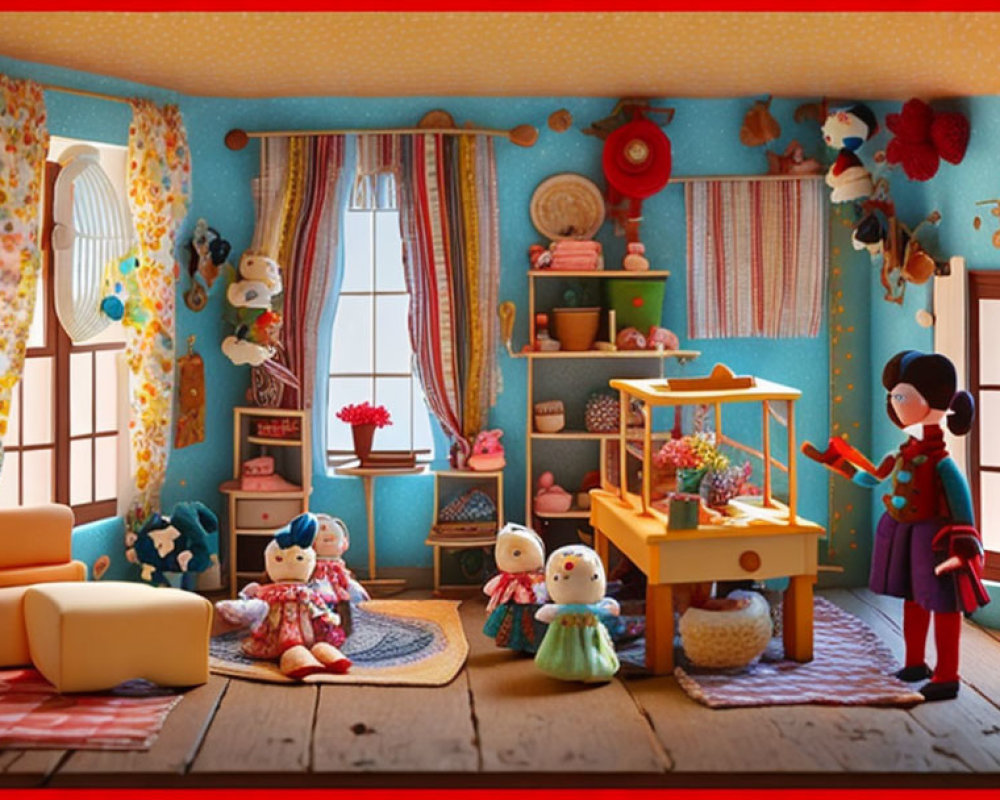 Vibrant 3D-rendered child's room with toys, bear, armchair, and