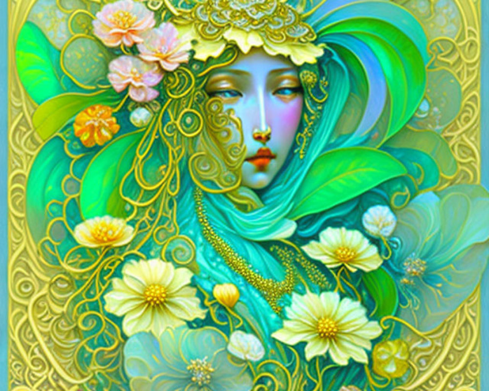 Stylized woman's face with golden patterns and vibrant flowers