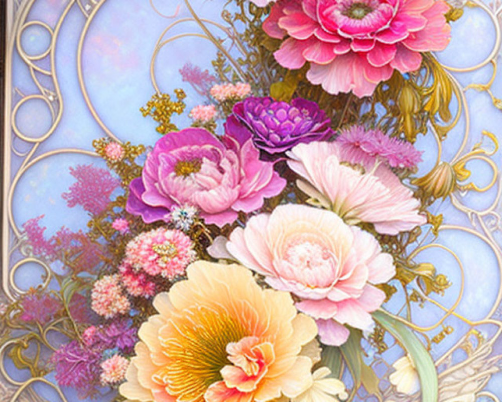 Vibrant pink, violet, and yellow flowers with swirling patterns on pastel backdrop