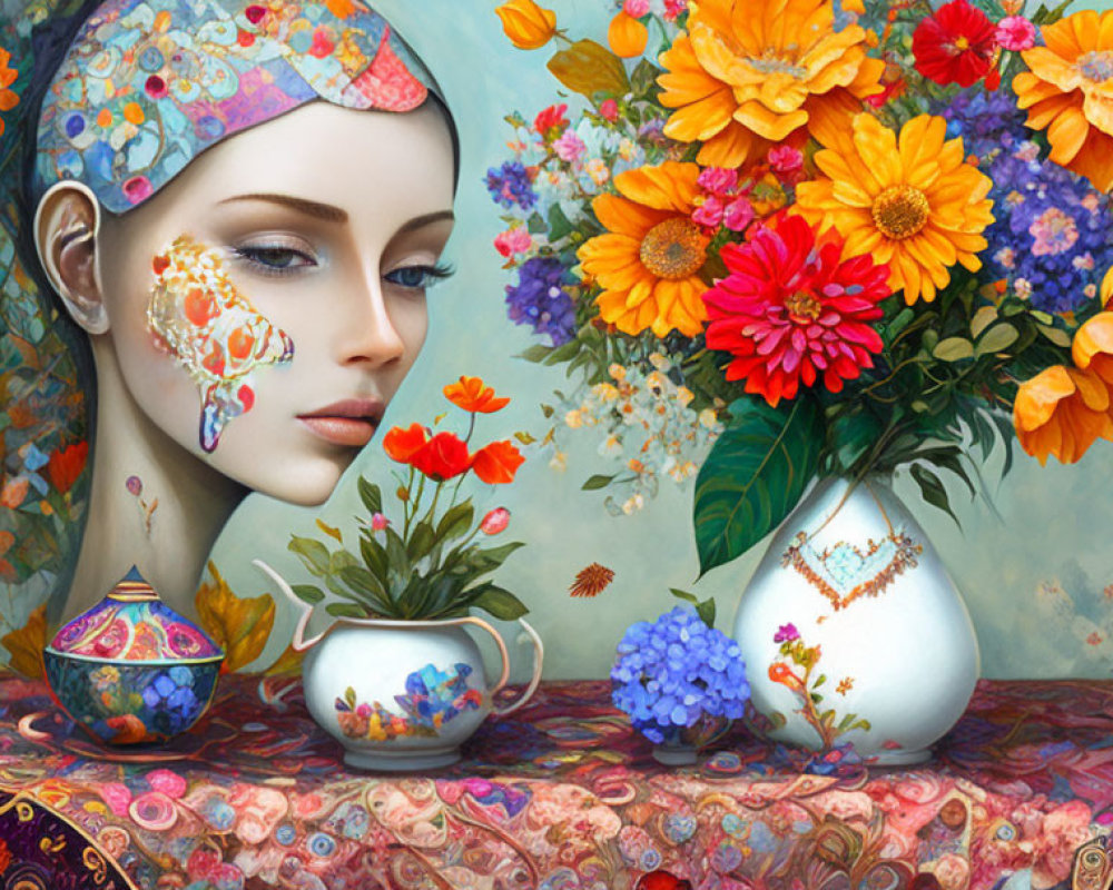 Vibrant floral patterns on woman's face with colorful flowers in vases