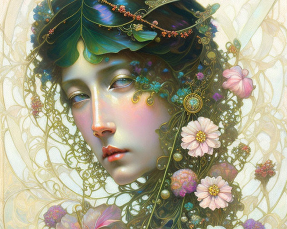 Elaborate Golden Headpieces in Stylized Portrait