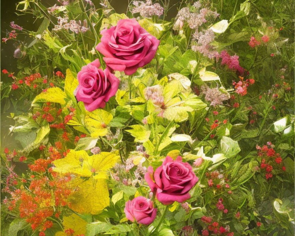 Pink Roses and Wildflowers Bouquet on Dark Background