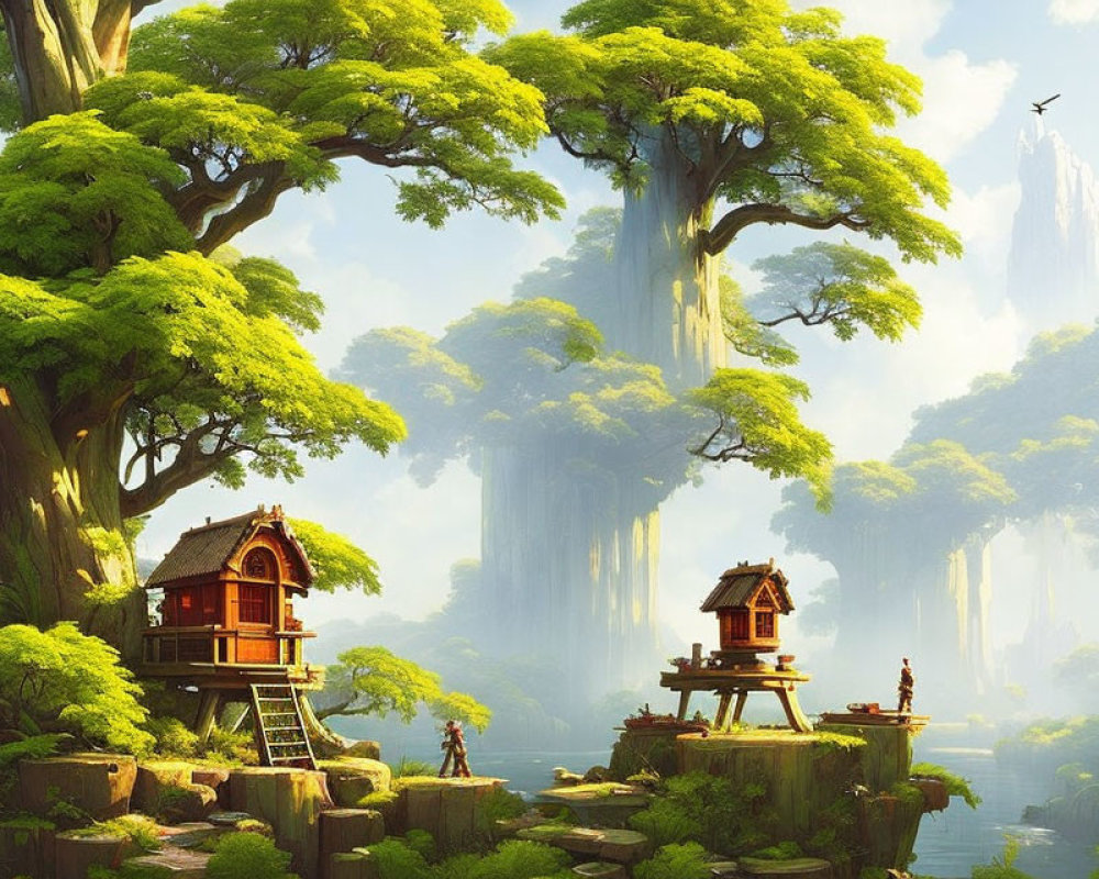 Mystical forest with towering trees, waterfalls, wooden house, and person