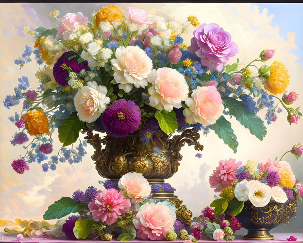 Assorted flowers in classical vase on soft background