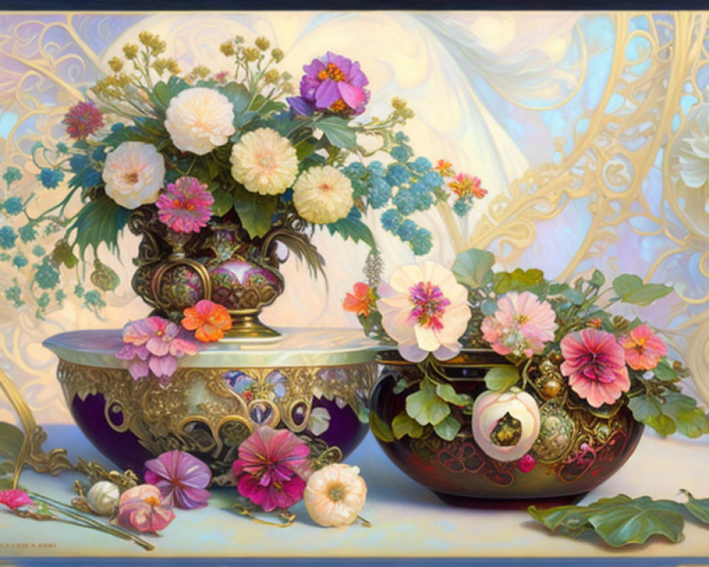 Ornate still life painting with lush flowers in vase and bowl