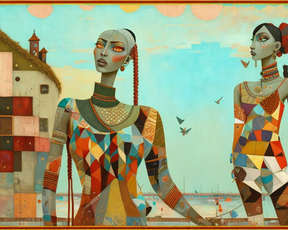 Stylized female figures with patterned skin in surreal background