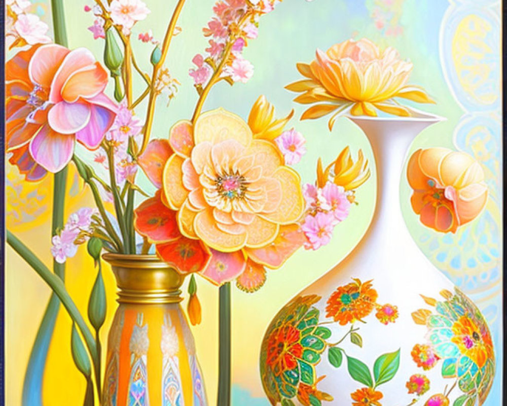 Colorful floral painting with white vase on yellow and blue background