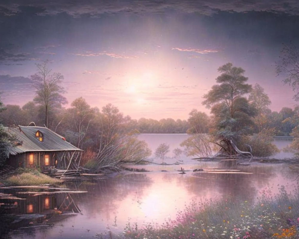 Tranquil Sunset Landscape with Cabin, Lake, Trees, Flowers, and Boat