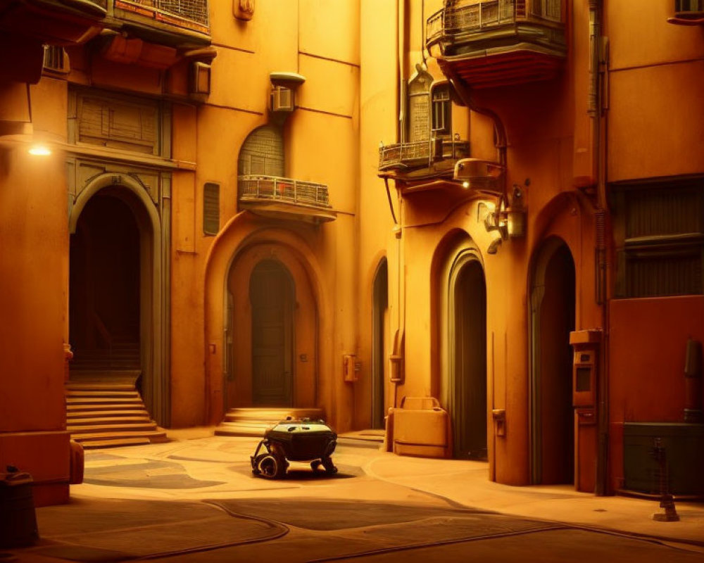 Quiet street scene with terracotta buildings, balconies, archways, and lone robot.