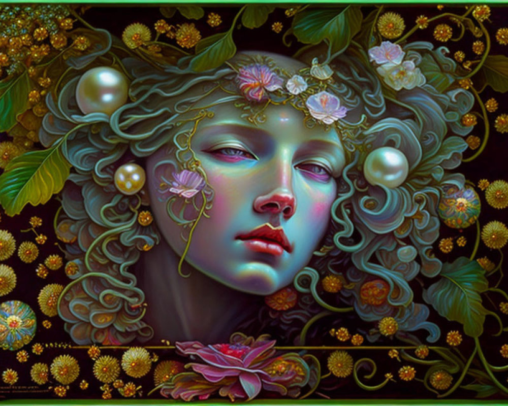 Ethereal artwork of person with flora in hair, vibrant greens, golds, pearls