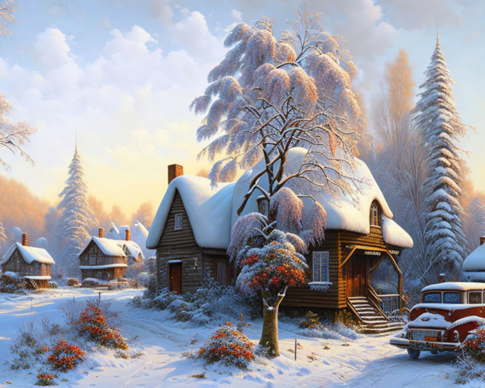 Snowy winter scene with wooden cottage, snow-covered trees, red berries, vintage red car.