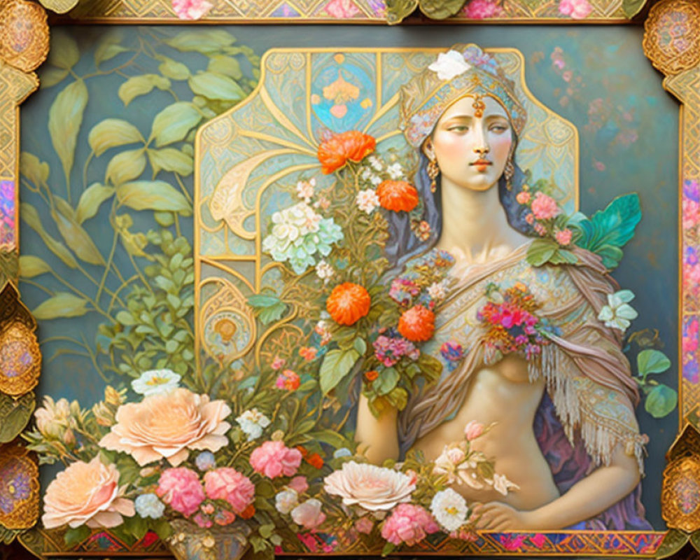 Pensive woman with ornate headgear and colorful flowers in decorative frame