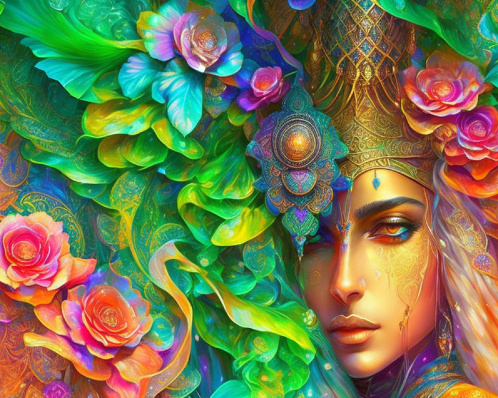 Colorful artwork showcasing woman's face with intricate headgear and lush flora