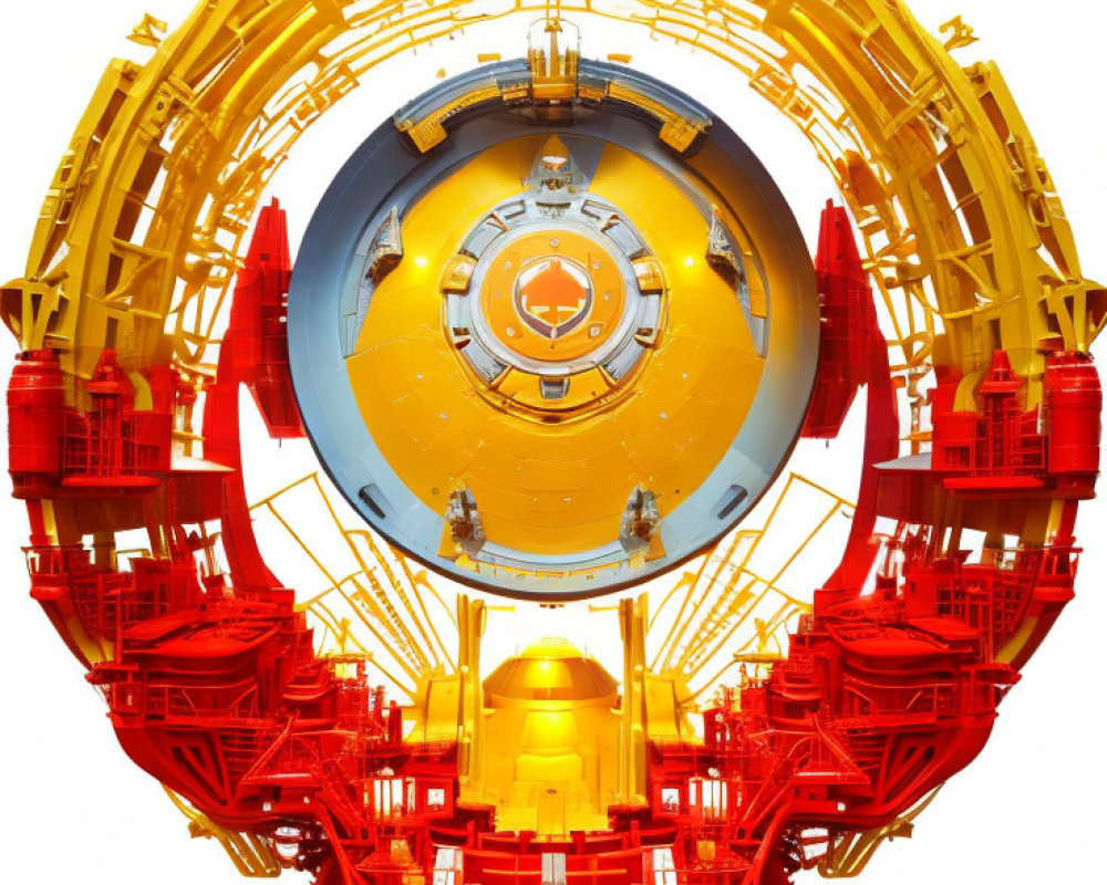 Detailed Sphere Sculpture with Yellow and Red Rings and Mechanical Elements