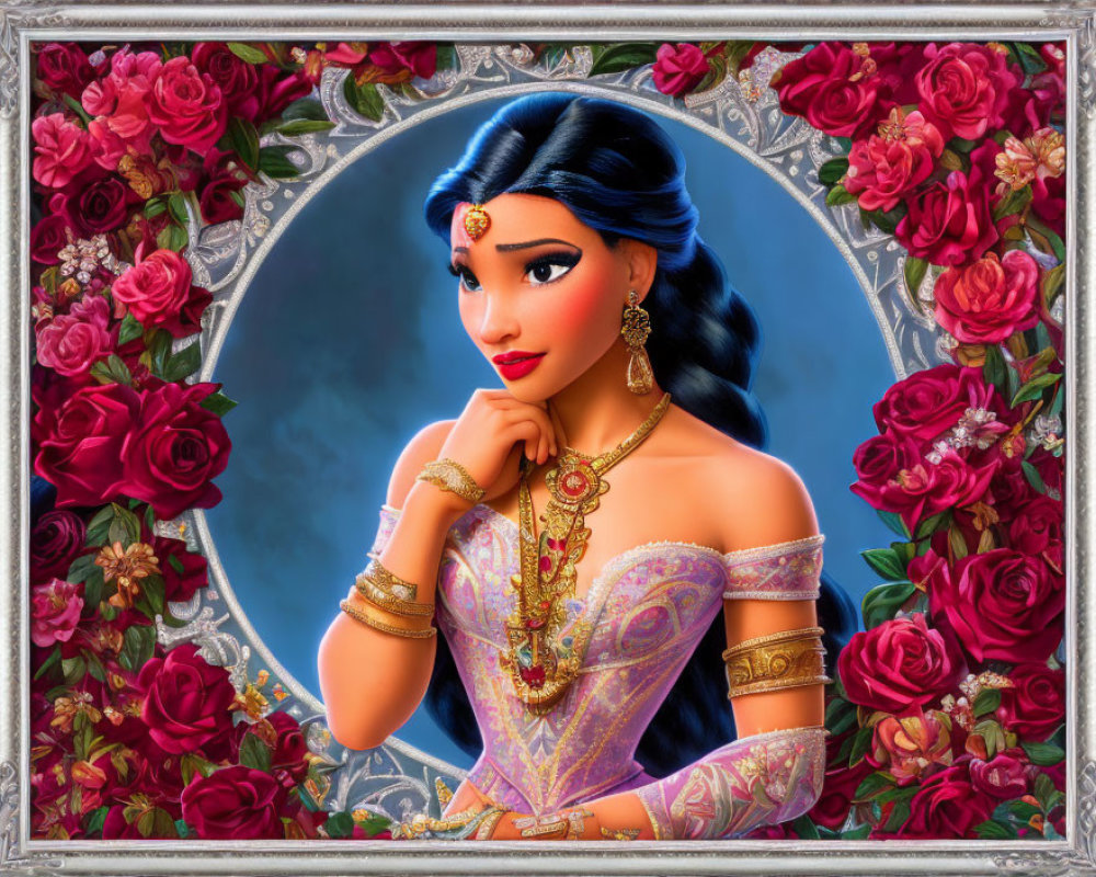 Dark-Haired Princess Surrounded by Red Roses on Blue Background