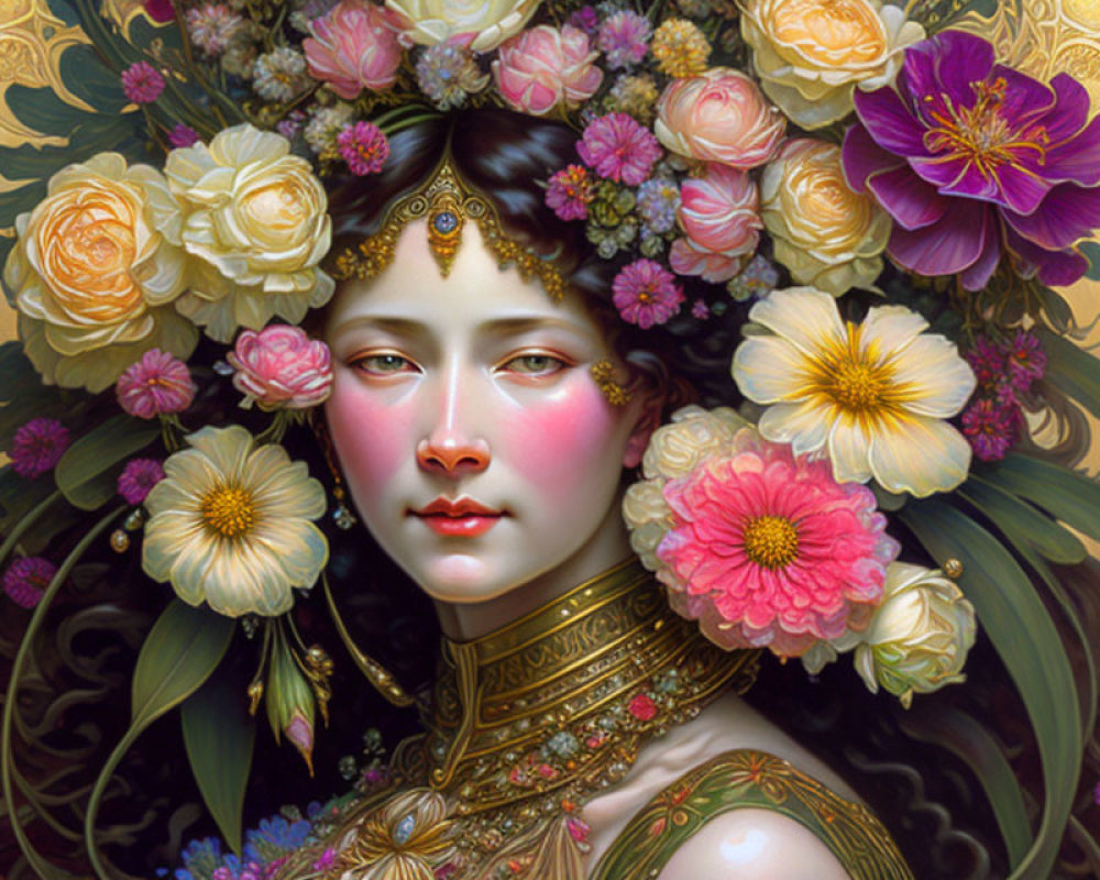 Detailed digital painting of a woman with floral crown and gold jewelry