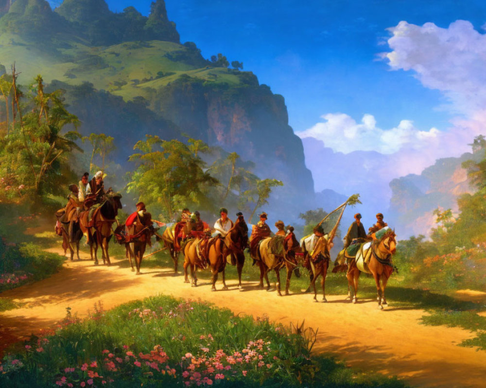 Horseback Riders in Sunlit Valley with Cliffs