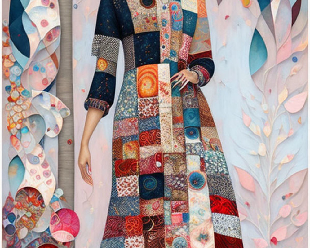 Woman in Patchwork Robe Surrounded by Geometric and Floral Designs