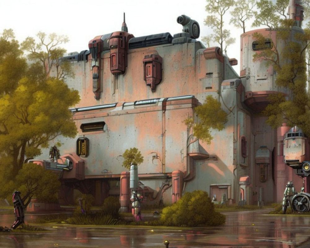 Abandoned futuristic building with person and robot in lush, hazy setting