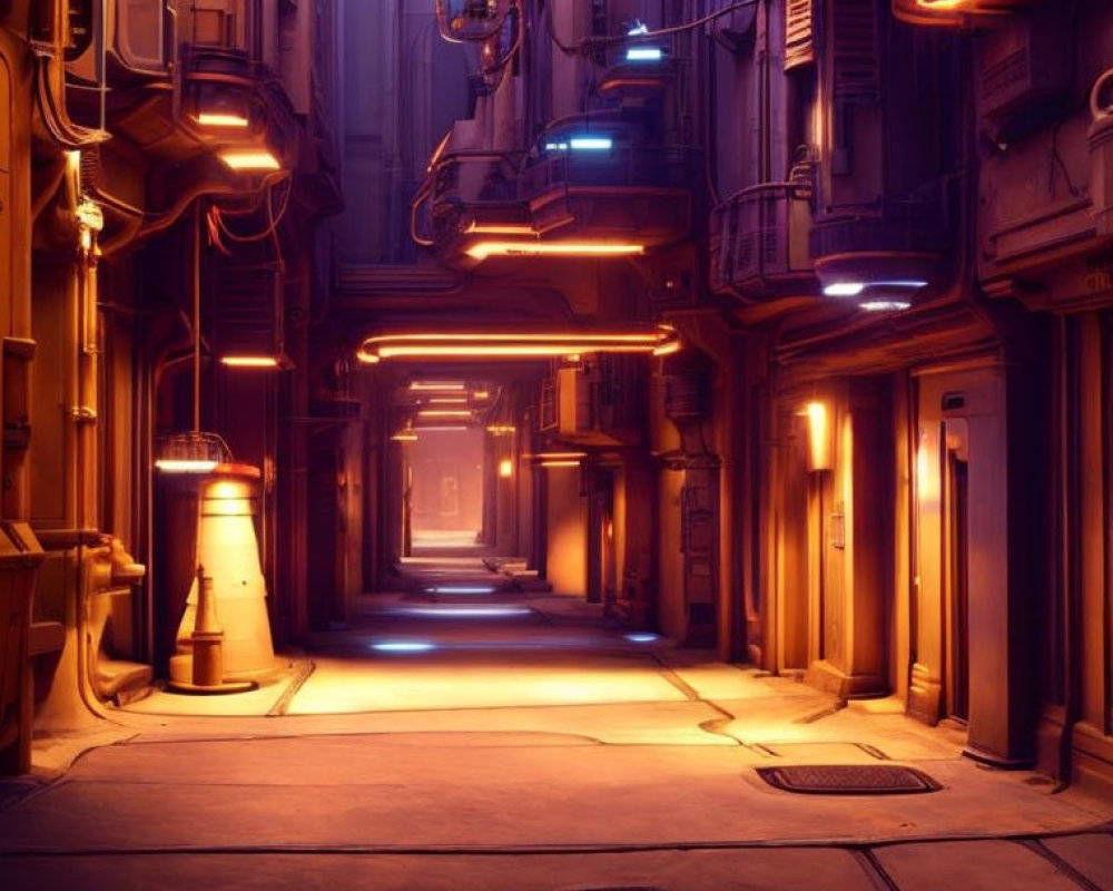 Futuristic neon-lit alley with warm amber and cool blue lights