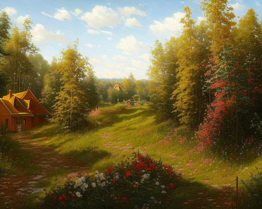 Tranquil forest glade with blooming shrubs and cozy house