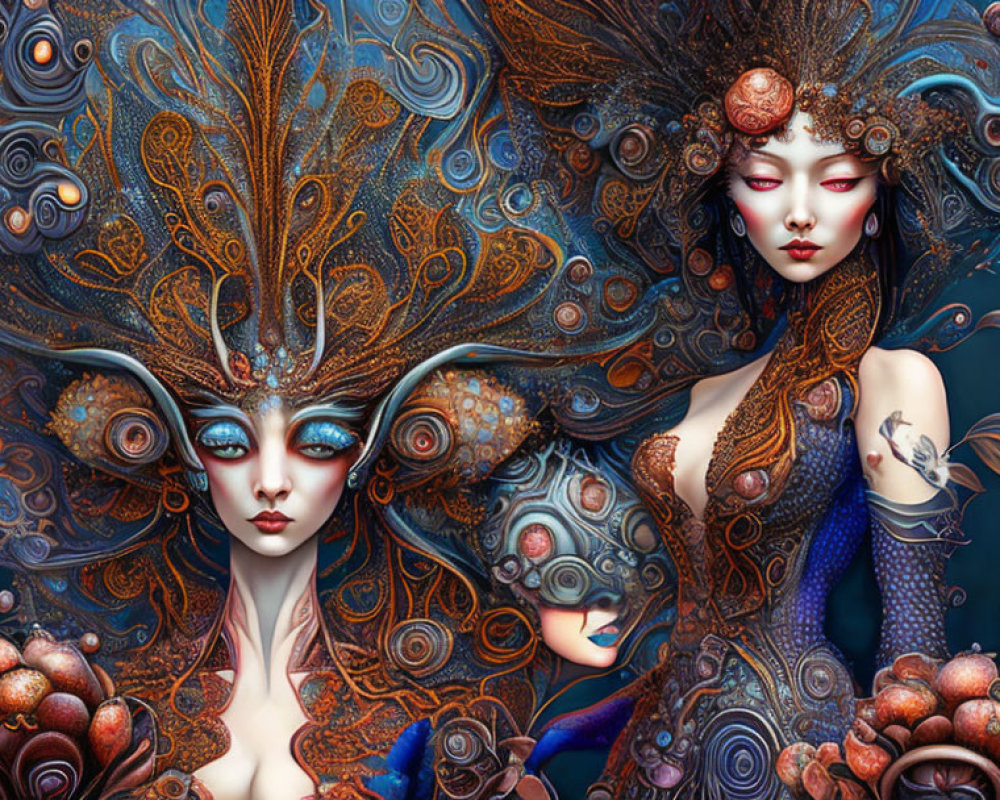 Ethereal women with ornate headpieces and tattoos on blue background