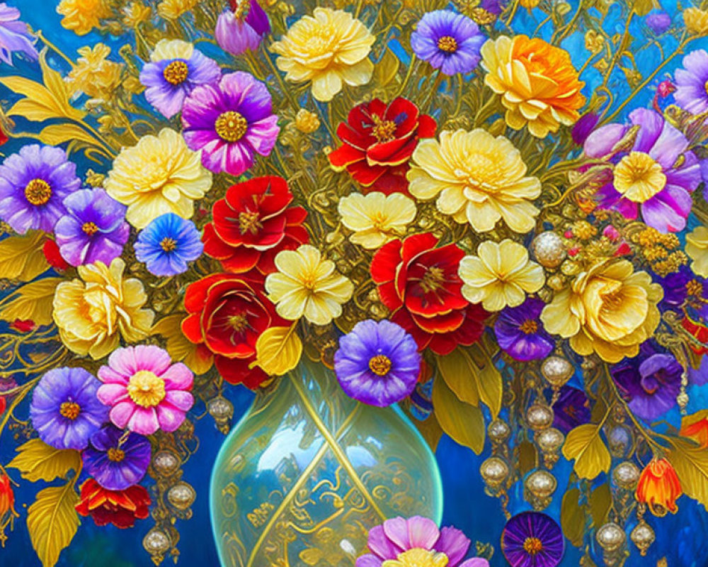 Multicolored Flowers in Decorative Vase on Blue Background