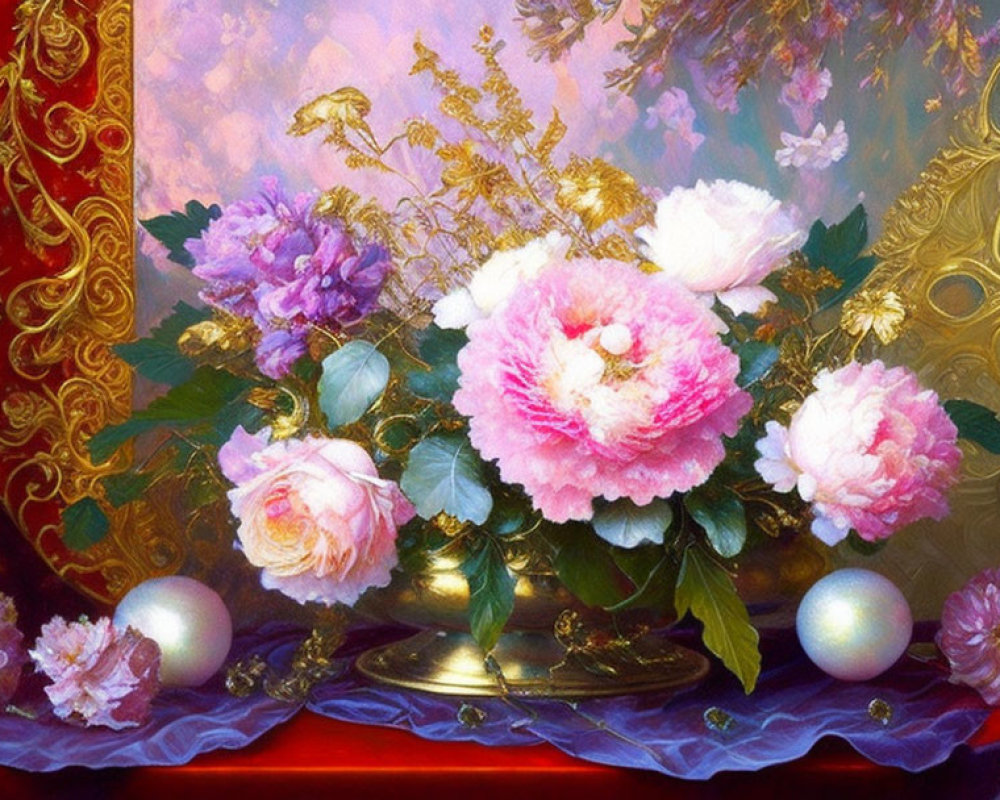 Colorful still life painting of pink and white peonies with pearls and gold on red background