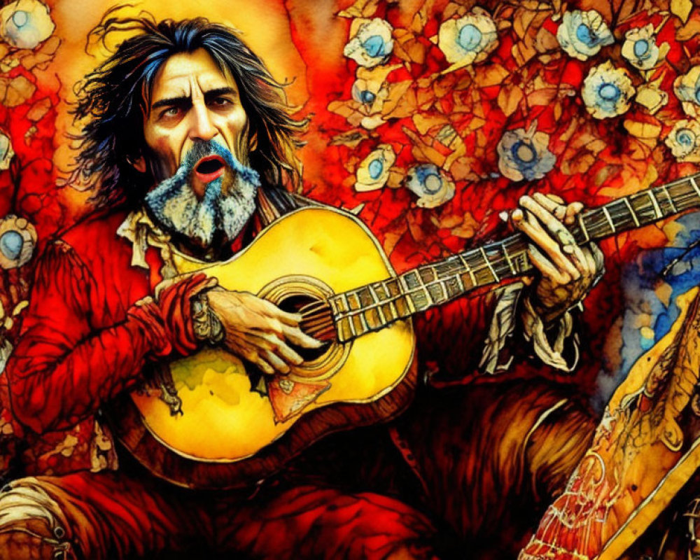 Bearded man playing guitar surrounded by red and blue flowers