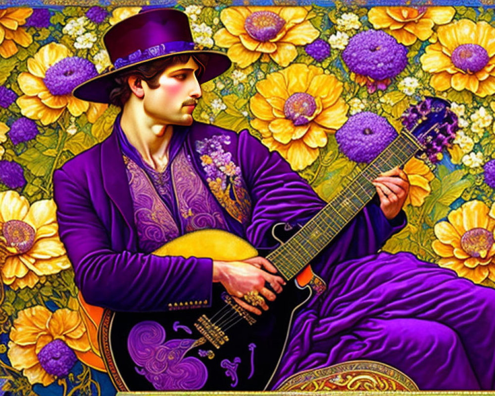 Purple Outfit and Hat Person Playing Lute in Floral Setting