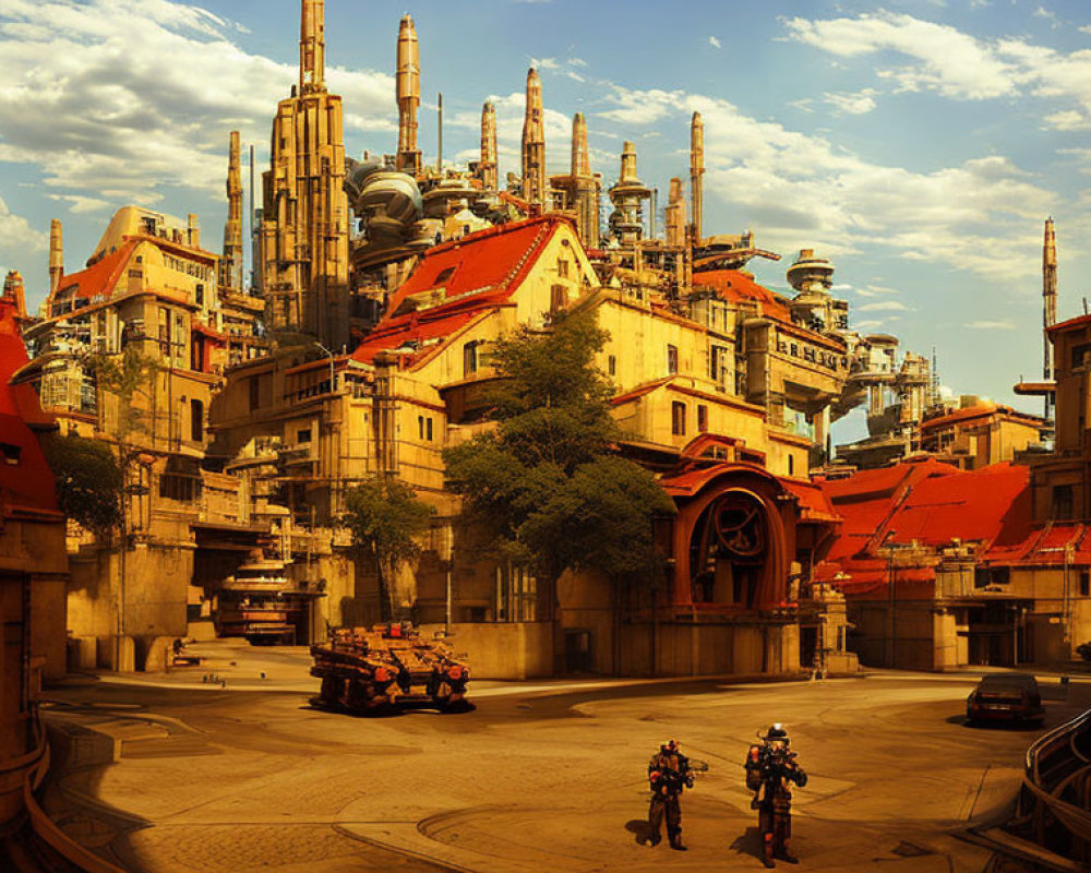 Industrial cityscape with factories, buildings, vehicles, and armored figures under clear sky