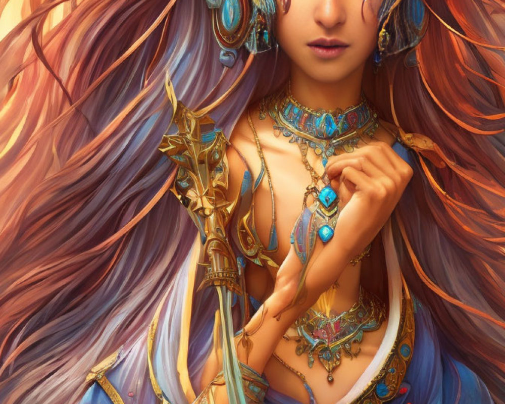 Illustrated fantasy female character with flowing brown hair, ornate gold and blue jewelry, and detailed armor