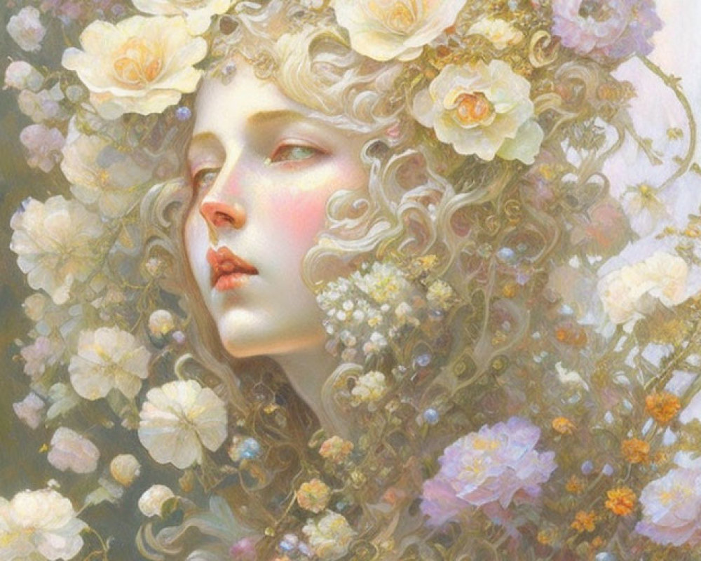 Ethereal portrait of a person with serene expression and floral crown