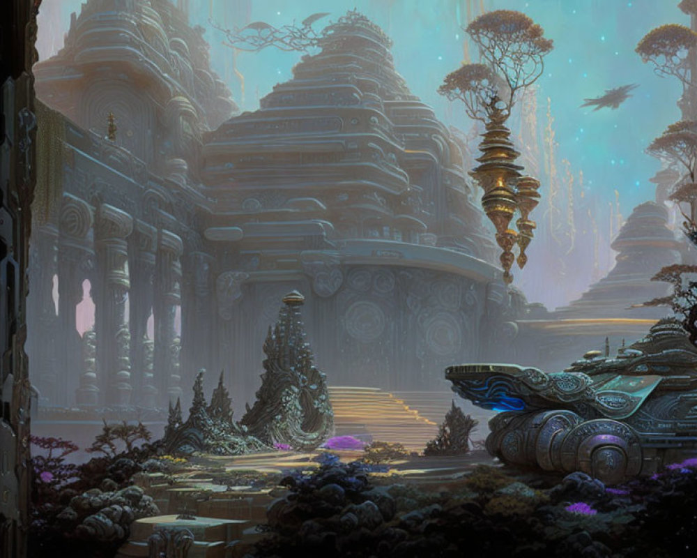 Mystical futuristic landscape with alien structures and advanced vehicle