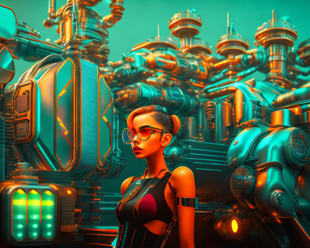 Futuristic cyberpunk cityscape with woman, robots, and neon lights