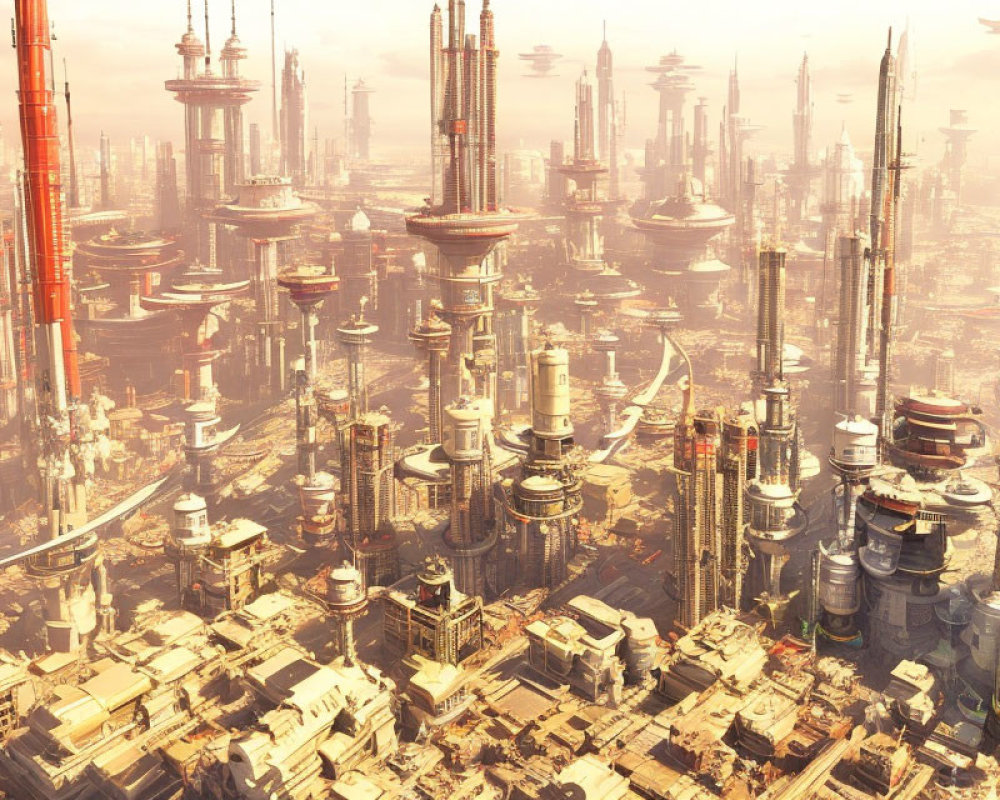 Futuristic cityscape with towering skyscrapers and warm hazy atmosphere