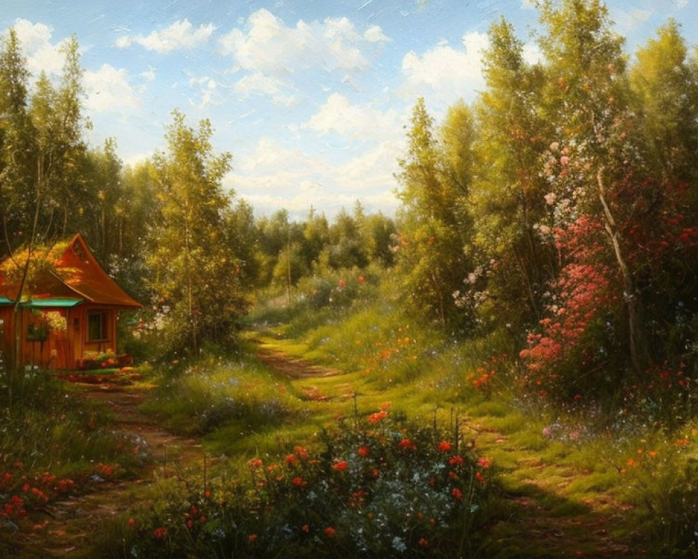 Rustic wooden cabin in lush greenery and colorful flowers