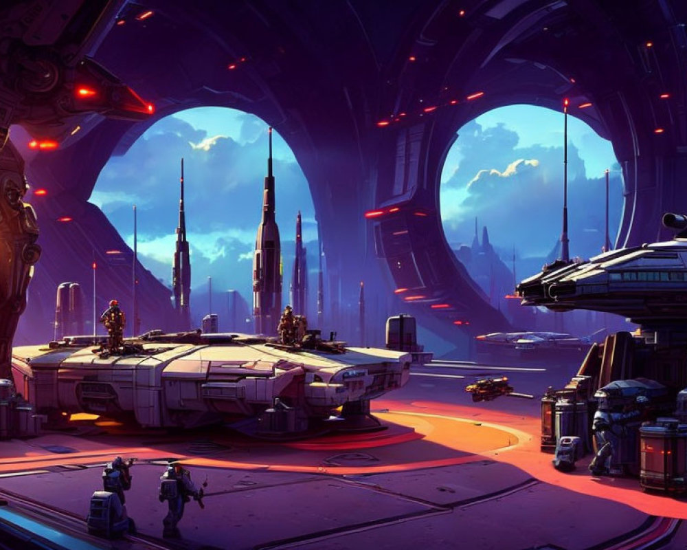 Futuristic spaceport with sleek spacecraft, towering cityscape, and radiant sunset sky