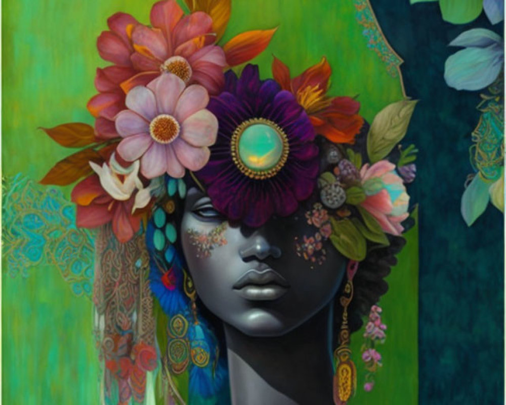 Dark-skinned person in surreal portrait with floral headdress on vibrant green background