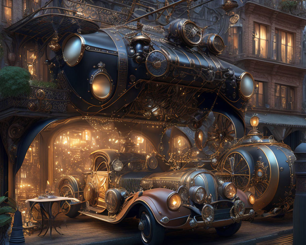 Steampunk-inspired vintage car and locomotive with brass details in industrial urban setting