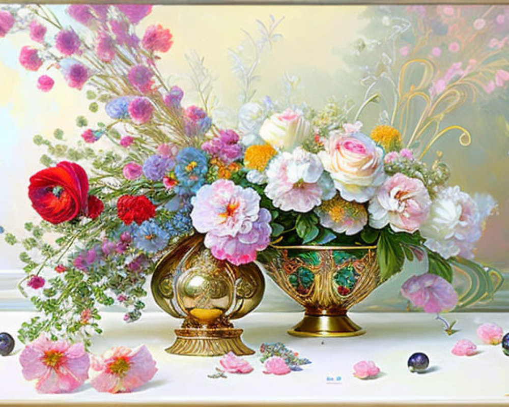 Colorful Flower Bouquet in Ornate Vase with Loose Petals and Berries