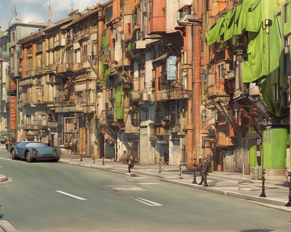 Busy city street with colorful buildings, pedestrians, and vintage car.