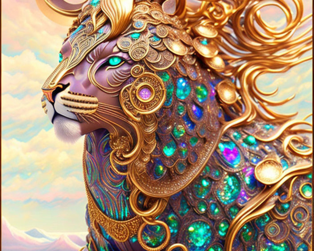 Majestic lion with golden mane in surreal landscape