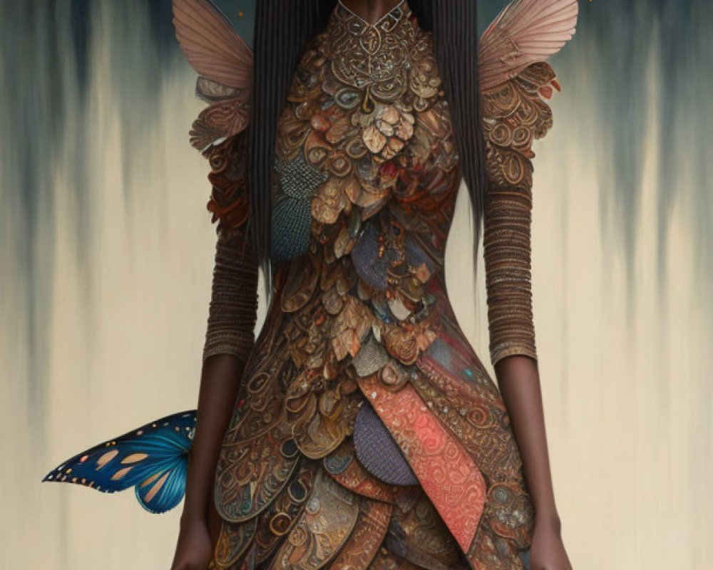 Ethereal woman in feather armor with butterfly in surreal setting