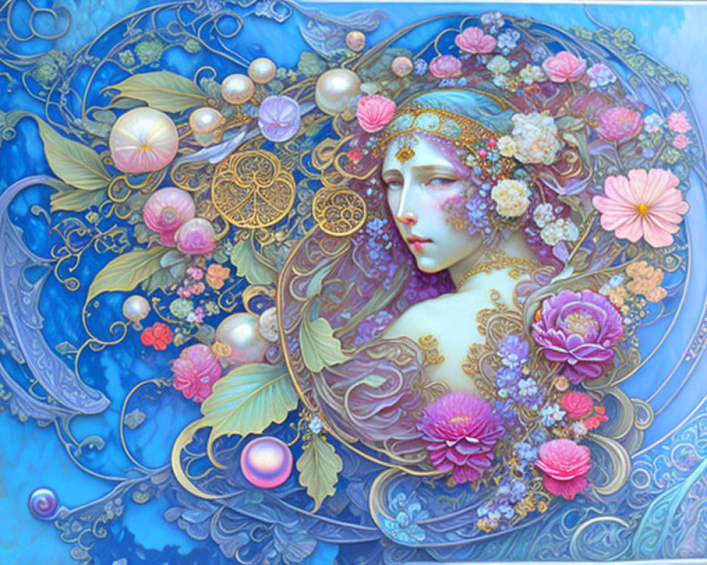 Ethereal painting of woman's profile with ornate floral motifs on celestial blue background